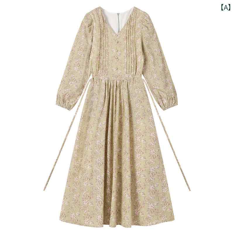 レディース カジュアル フレンチ レトロ 花柄 ドレス ロング スカート 女性 春秋 ハイウエスト スリム 長袖