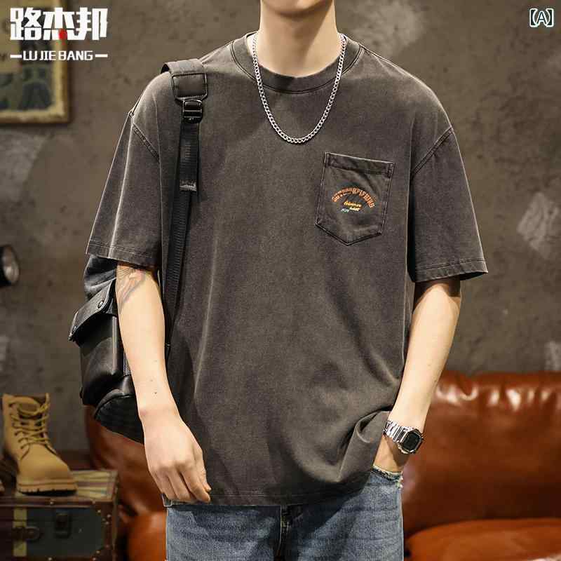 メンズ Tシャツ 半袖 夏 アメリカン レトロ 古着風 カジュアル バックプリント ラウンドネック 丸首 コットン 綿 ダークブラウン ダークカーキ 通気性 ゆったり 単 大きめサイズ メンズ トップス ヴィンテージ風 ノーアイロン レジャー