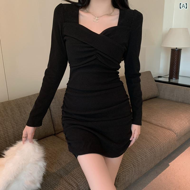 レディース ショートスカート Vネック 秋服 プルオーバー レギュラー ハイウエスト ヒップスカート スリムフィット パーティードレス
