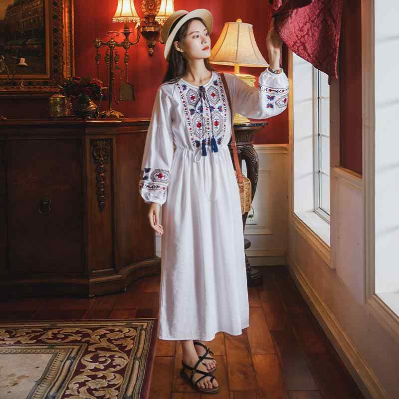 Other Apparel - レディース リゾート ワンピース ホリデー ワンピ エスニック 白い 刺繍入り ウエスト ゴム ドレス ネパール 休暇 着 ランタン スリーブ ロング