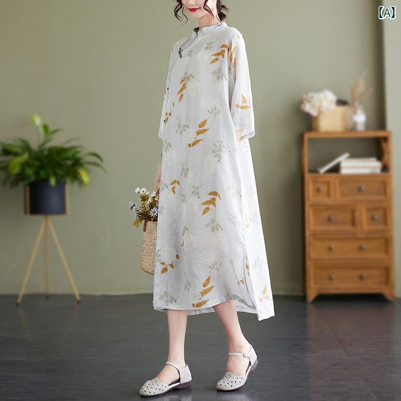 レディース 夏 チャイニーズ スタイル ワンピース おしゃれ 上品 婦人服 レトロ シック スカート フランス ハイエンド 中華風 チャイナ ドレス 綿 リネン 女性