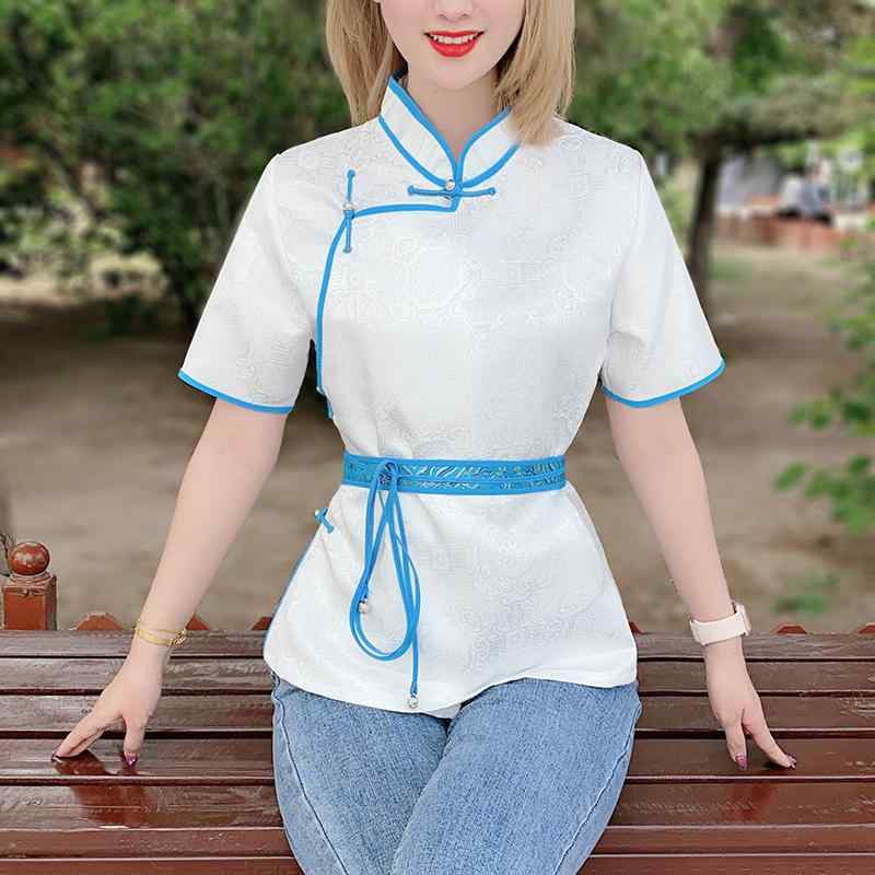 モンゴル シャツ レディース 夏 エスニック 半袖 服 トップス 小さめ シャツ 薄板 ボタン ローブ