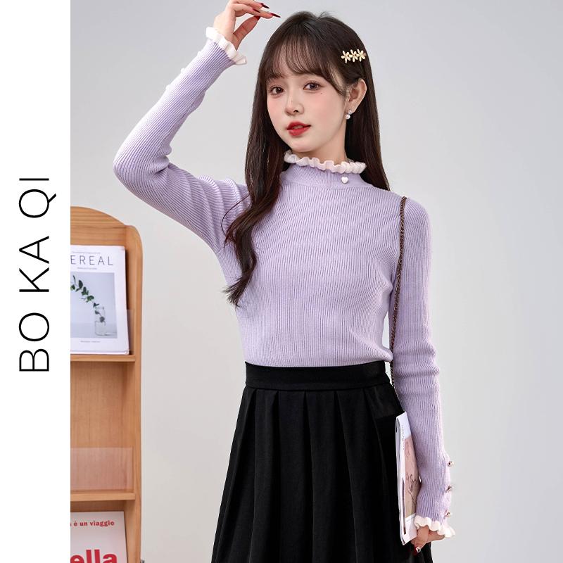 シャツ トップス レディース ファッション 春秋 ハーフ ハイネック かわいい インナー セーター 女性 ガーリー カレッジ 長袖 スリム レイヤリング