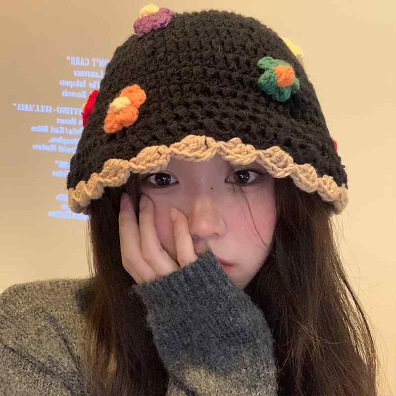 秋 冬 ニット ウール 帽 花 フィッシャーマン ハット 女性 韓国 かわいい 小顔効果...