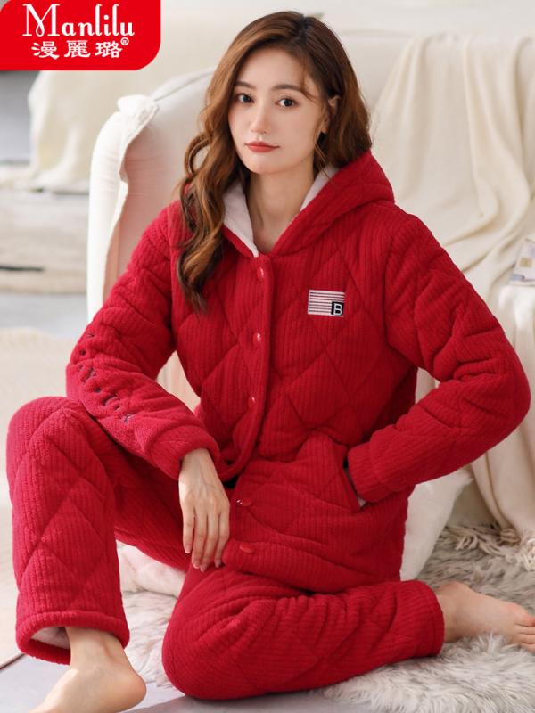 コーラル 起毛 キルティング パジャマ レディース 冬 厚手 フランネル コットンジャケット フード ホーム ホームウェア ルームウエア 部屋着 上下セット 楽ちん ゆったり