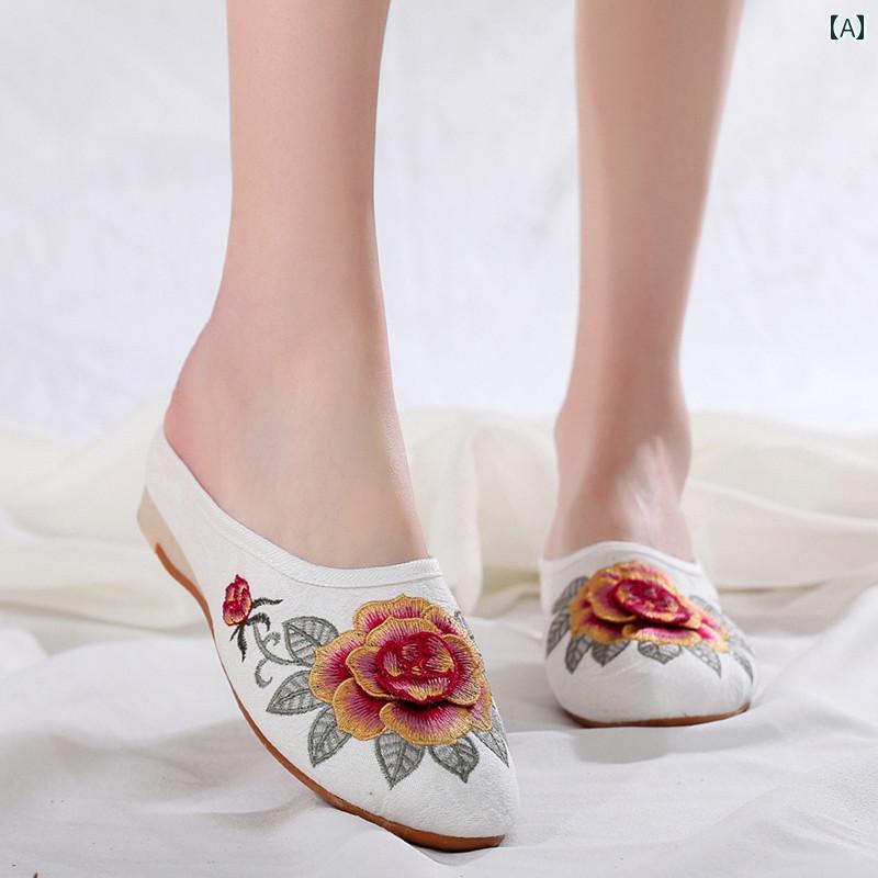 レディース 夏 ミュール フラット おしゃれ 婦人靴 スリッパ 履きやすい レトロ 古風 刺繍 布 包頭 ハ..