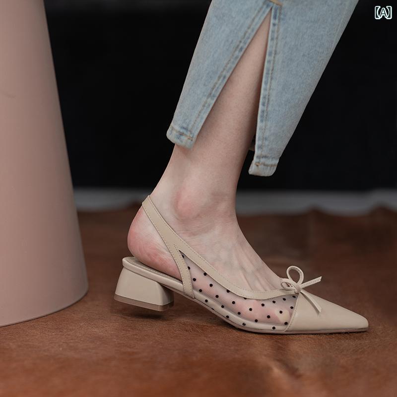 レディース 夏 ミュール パーティー おしゃれ メッシュ 包頭 サンダル 女性 ポインテッドトゥ ミディアム ヒール 太い 靴 蝶 ネクタイ