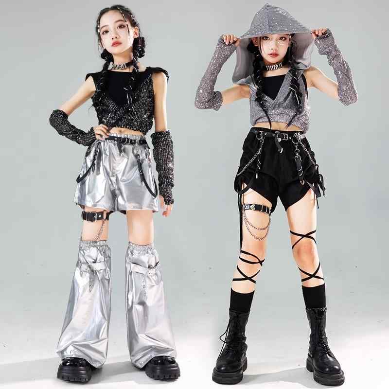 女の子 子供 ジュニア ダンス ヒップホップ パフォーマンス 衣装 スパンコール キラキラ フード セットアップ おしゃれ かっこいい クール ティアードスカート モダン イベント ステージ