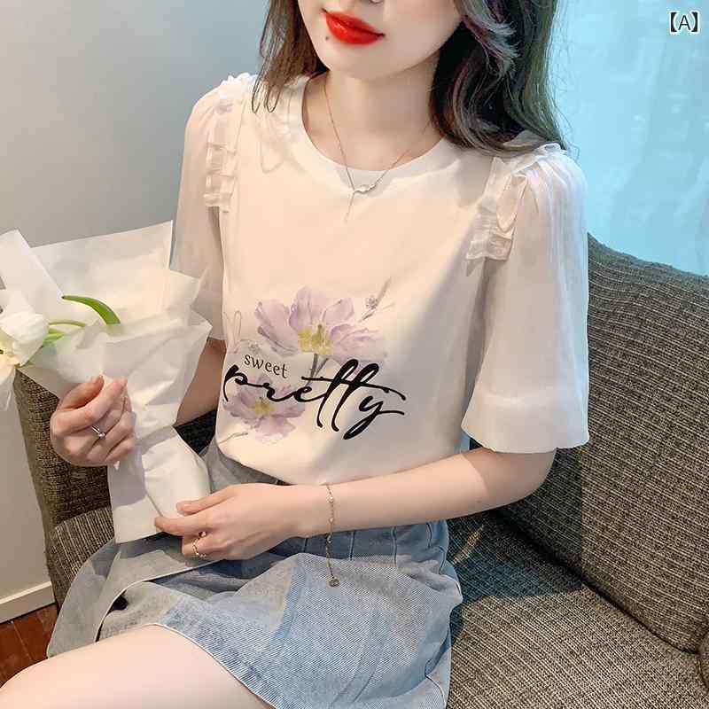 レディース 夏 トップス シャツ 大人 かわいい ガーリー サマー 婦人服 快適 女性用 おしゃれ 半袖 T 若々しい シフォン パフスリーブ