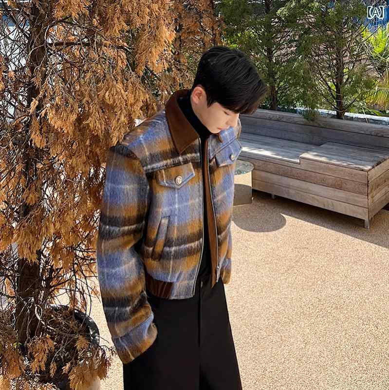 ジャケット メンズ 秋冬 韓国 レトロ チェック ウール ジャケット メンズ 韓国 ショート オールシーズン適 長袖 ゆったり