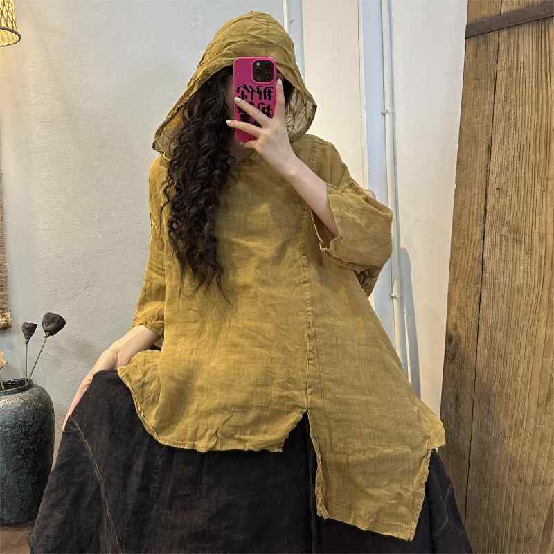 レディース 夏 トップス ゆったり エキゾチック レトロ サンド ウォッシュ プリーツ ラミー ダーティー ウォッシュ フード付き