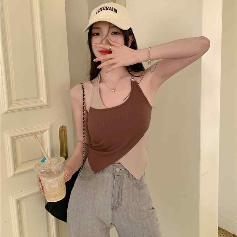 レディース ファッション 魅惑的 シック 対照的 色 ホルター トップ イン 胸パッド 美しい バック フェイク ツーピース アウター ショーツ