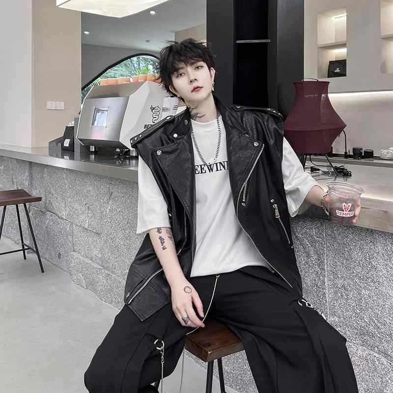 メンズ トップス 秋 ダーク シリーズ Pu レザー ライダース ノースリーブベスト ジッパー レザージャケット