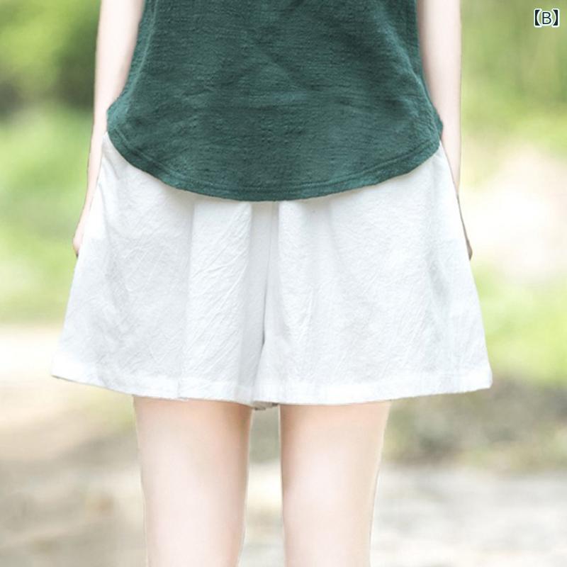 パンツ レディース ハイウエスト コットンリネン ショーツ 春夏 レトロ カジュアルエスニック ワイド レッグ クォーター ドレープ ホット