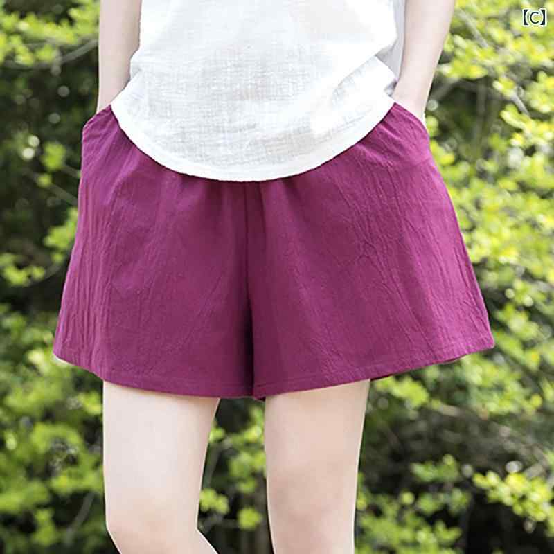 パンツ レディース ハイウエスト コットンリネン ショーツ 春夏 レトロ カジュアルエスニック ワイド レッグ クォーター ドレープ ホット