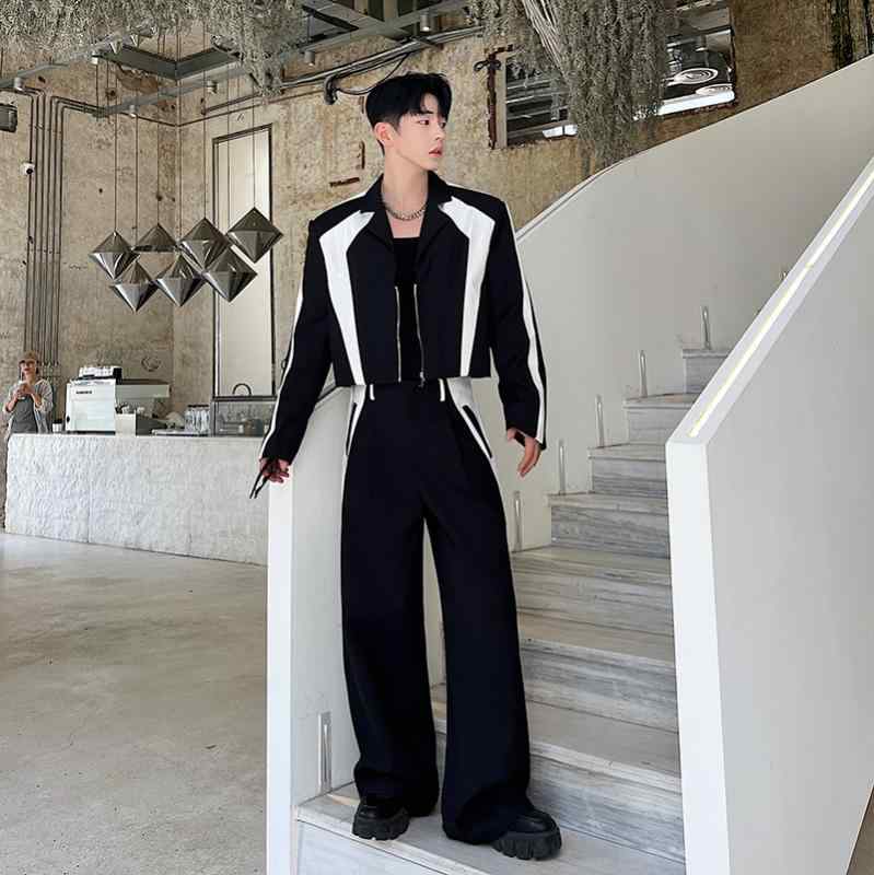 セット アップ メンズ カジュアル ショートジャケット 黒白 コントラストカラー ワイドレッグパンツ2点セット 春秋冬 長袖 短い