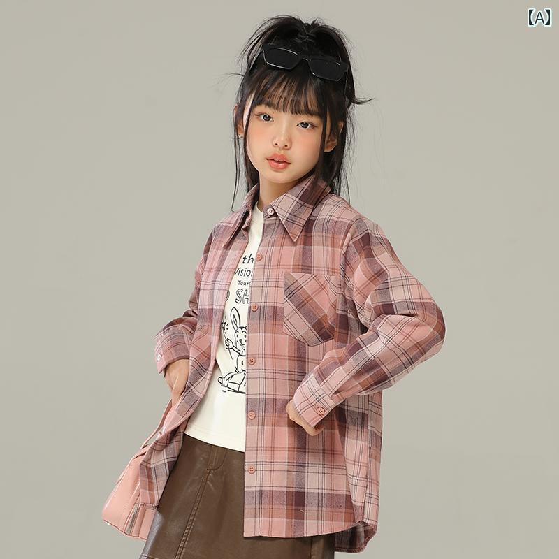 トップス シャツ ジャケット 子供服 おしゃれ ナチュラル 普段着 キッズ 小さい 女の子 春秋 レトロ ピンク チェック柄 中型 大型 子供用 カジュアル 甘くて スパイシー 長袖