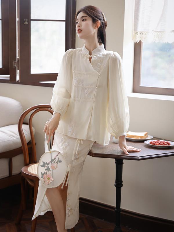 レディース 婦人服 スカート ブラウス セットアップ セットアップ レトロ フリル シフォン 夏 中国 チャイナドレス スリット