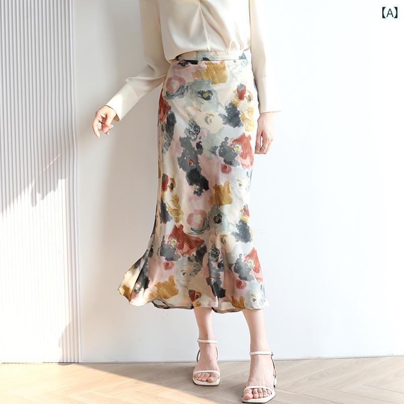 スカート レディース フランス 油絵 咲く ハイウエスト 春 ハイエンド a ライン プリント フィッシュ テール