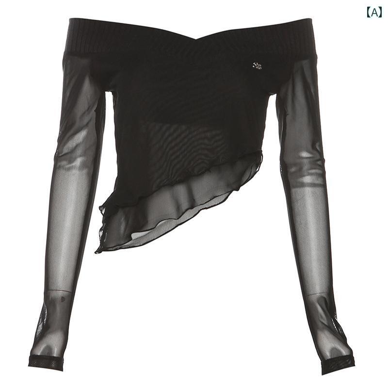 レディース ファッション スタイリッシュ 黒 ワンショルダー 薄手 シースルー メッシュトップス 不規則 スリム ショート 秋冬 シャツ