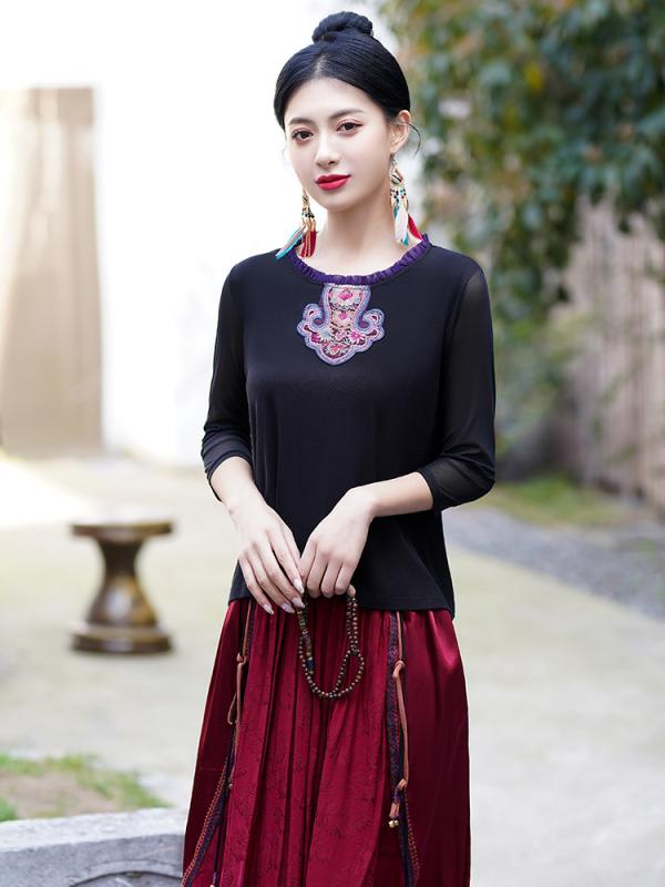 Garments - トップス カットソー Tシャツ エスニック チャイナ ベスト スリム フィット 七分袖 メッシュ 刺繡 中国風 レトロ 漢服 かわいい 婦人服 清楚 春夏秋 レディース 小さめ レディース