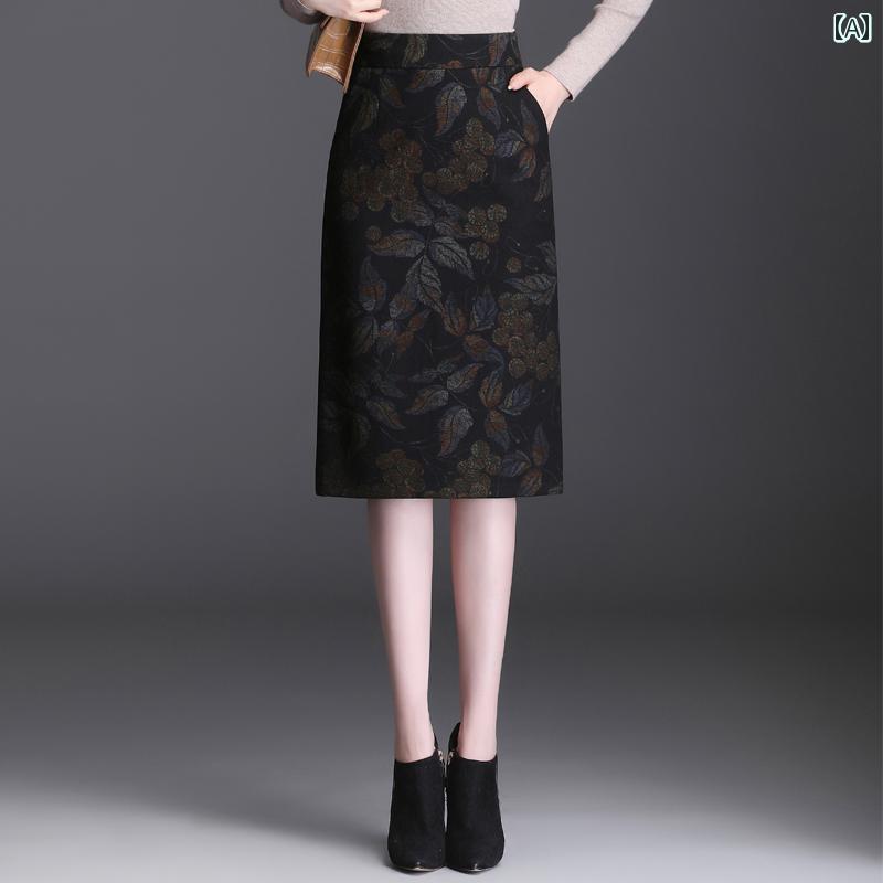 スカート ハイウエスト ミモレ丈 レディース 大人 スリット ヒップライン フィット 春秋 スリム見え カジュアル 丈 プリント