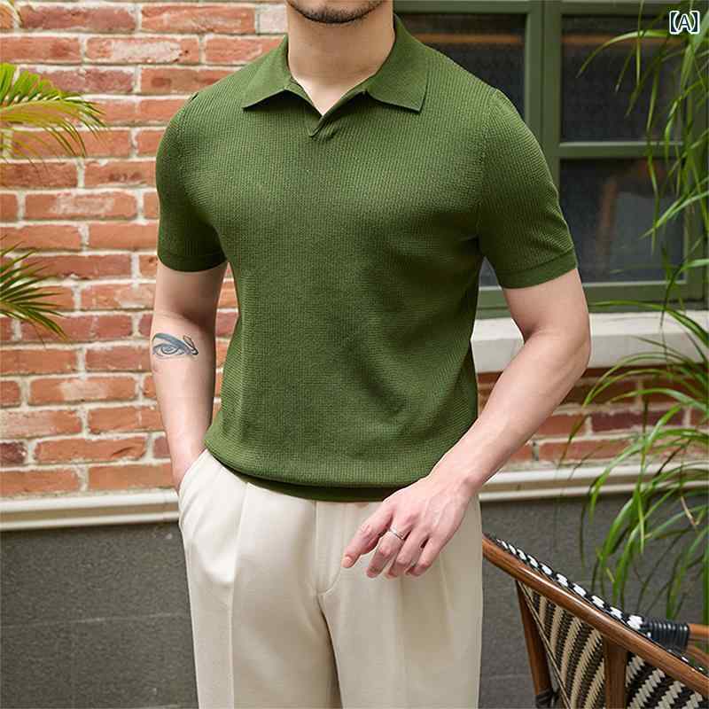 メンズ ファッション トップス 夏 スリム 通気性 Vネック ポロ セーター レトロ カジュアル ビジネス 半袖 Tシャツ メンズ
