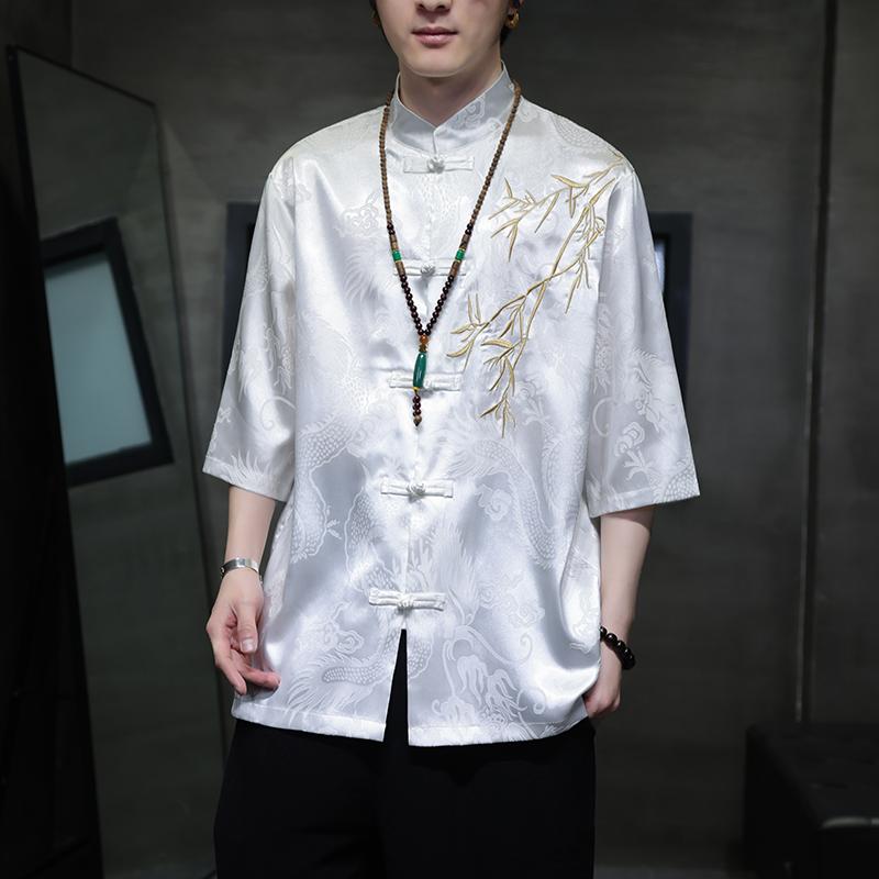 メンズ ファッション トップス カットソー シャツ かっこいい レトロ チャイナ風 カンフー着 太極拳 唐装 メンズ 漢服 カジュアル 半袖 刺繍 春夏