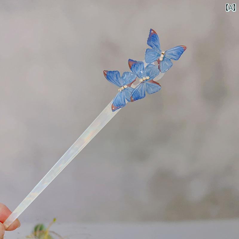 かんざし おしゃれ チャイナ風スーパー フェアリー ブルー 蝶 ヘアピン レトロ アンティーク カラフル ..