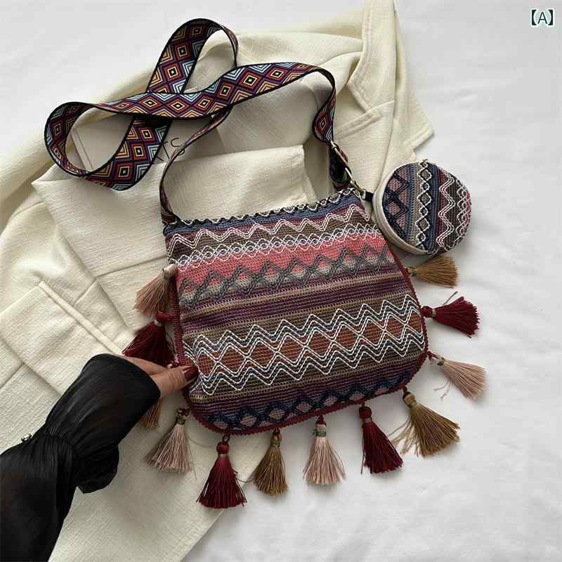 レディース タッセル バッグ 高 見え エスニック クロス ボディバッグ ワイド ショルダーストラップ ショルダーバッグ バケット