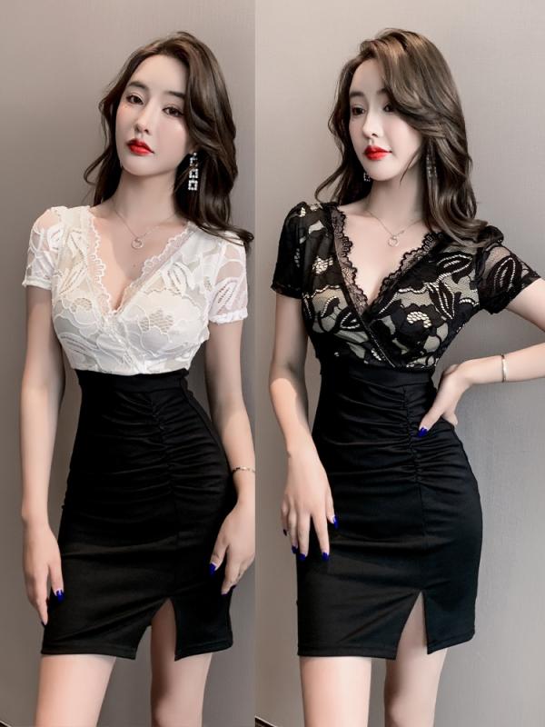 魅惑 キャバ フットバス ショートスカート サウナ レース vネック 夏 半袖 ドレス