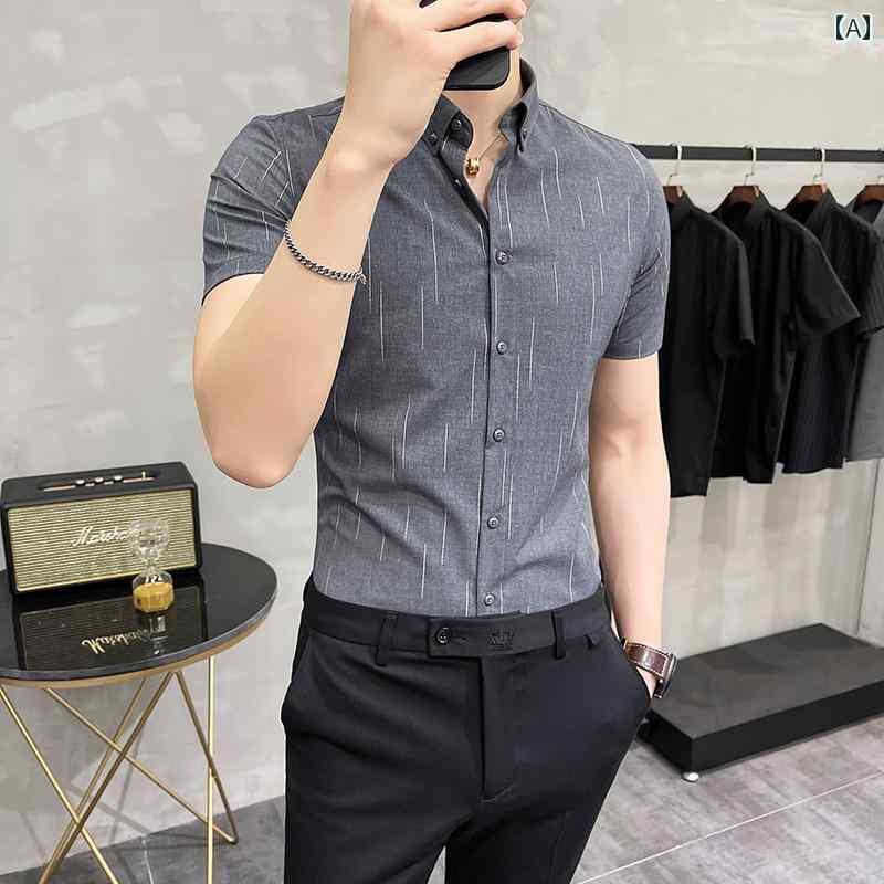メンズ 夏 カジュアル トップス シャツ 春 半袖 シームレス シワ 防止 ライト ビジネス ハイエンド 韓国 スリム フィット