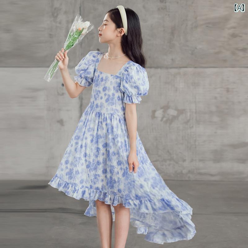 夏 ワンピース かわいい 女の子 ガールズ パフスリーブ プリンセス ドレス 薄手 花柄 シフォン 中大 子供用 休暇 タキシード ビーチ スカート
