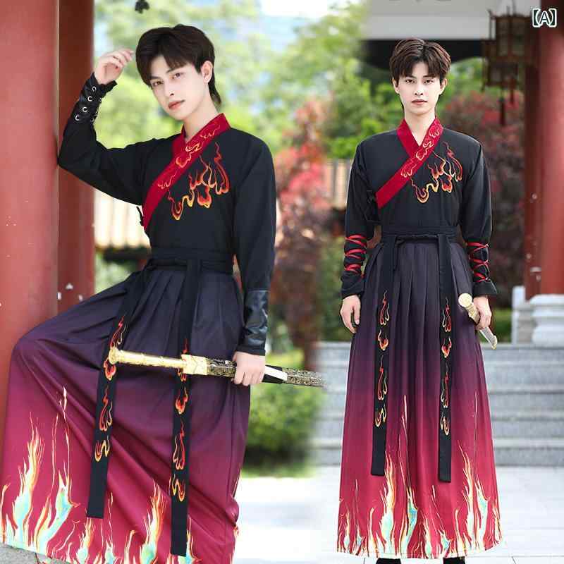 漢服 民族衣装 コスチューム メンズ 紳士 チャイナ風 剣士 制服 刺繍 武道 シフォン ポリエステル レトロ 学生 メンズ 春服 旅行