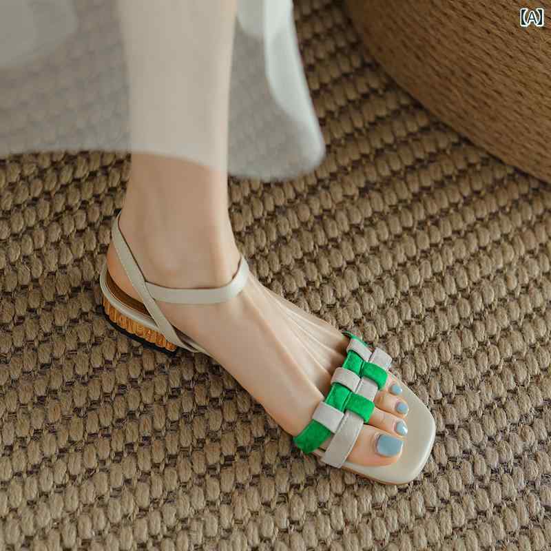 レディース 夏 サンダル ビーチ プール リゾート おしゃれ 織り 女性 ホット カラーマッチング 一文字 ストラップ ローヒール オープン トゥ フラット ローマン シューズ