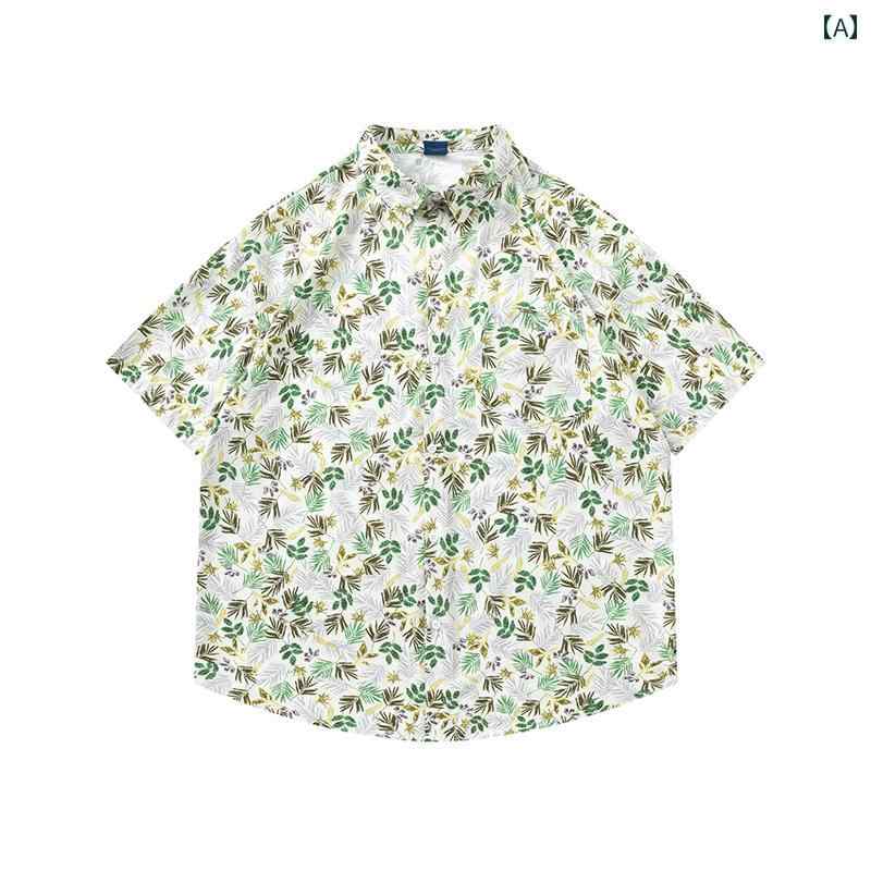 柄シャツ メンズ レディース トップス カジュアル ハワイ 海辺 休暇 旅行 全体 植物の葉 プリント シャツ カップル カジュアル 半袖 シャツ 総柄
