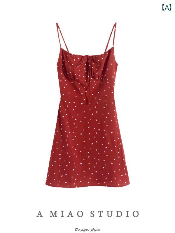 レディース 夏 ワンピース キャミソール おしゃれ フェミニン スタイリッシュ フレンチ レトロ 魅力的 ガーリー ハート ラブ パターン スリム サスペンダー スカート 旅行 休暇 背中 開いた ドレス ショート 女性