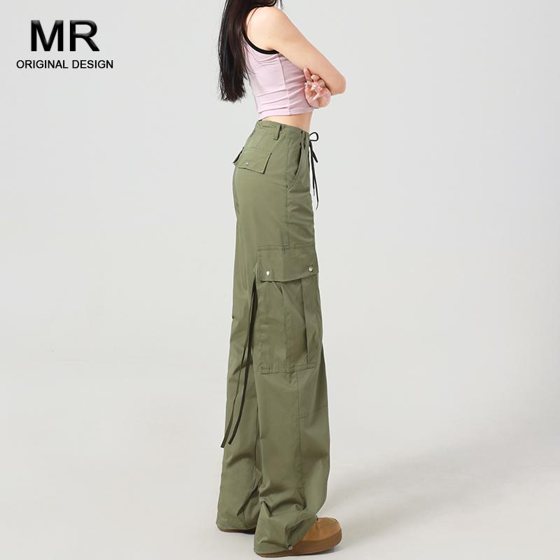 パンツ レディース ボトムス ズボン スタイリッシュ ミリタリーグリーン カーゴパンツ ストリート 女性 春 アメリカン スリム ハイウエスト 巾着 ワイド レッグ カジュアル