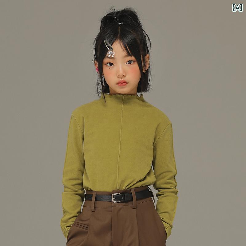 トップス シャツ 子供服 おしゃれ ナチュラル 普段着 キッズ 小さい 女の子 春秋 中 大型 子供 韓国 スタイル ハーフ タートル カラー 子供 長袖 Tシャツ