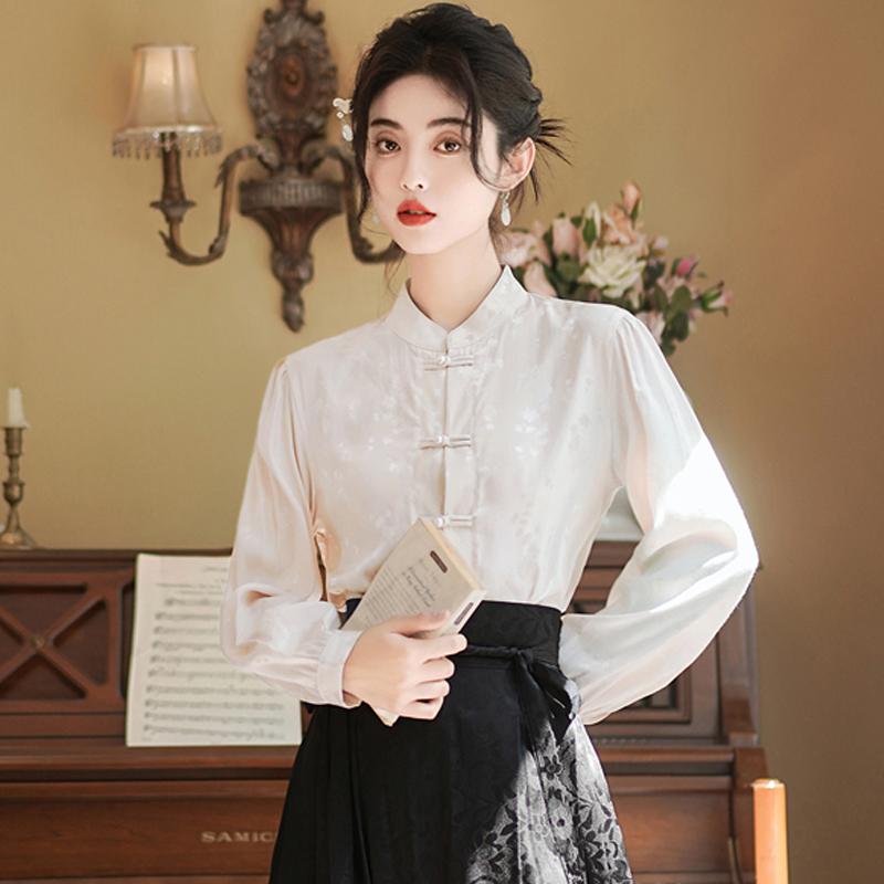 シャツ 秋 冬 長袖 アンティーク トップス 中華風 中華風 ボタン ダウン スタンドカラー前 立て 女性用