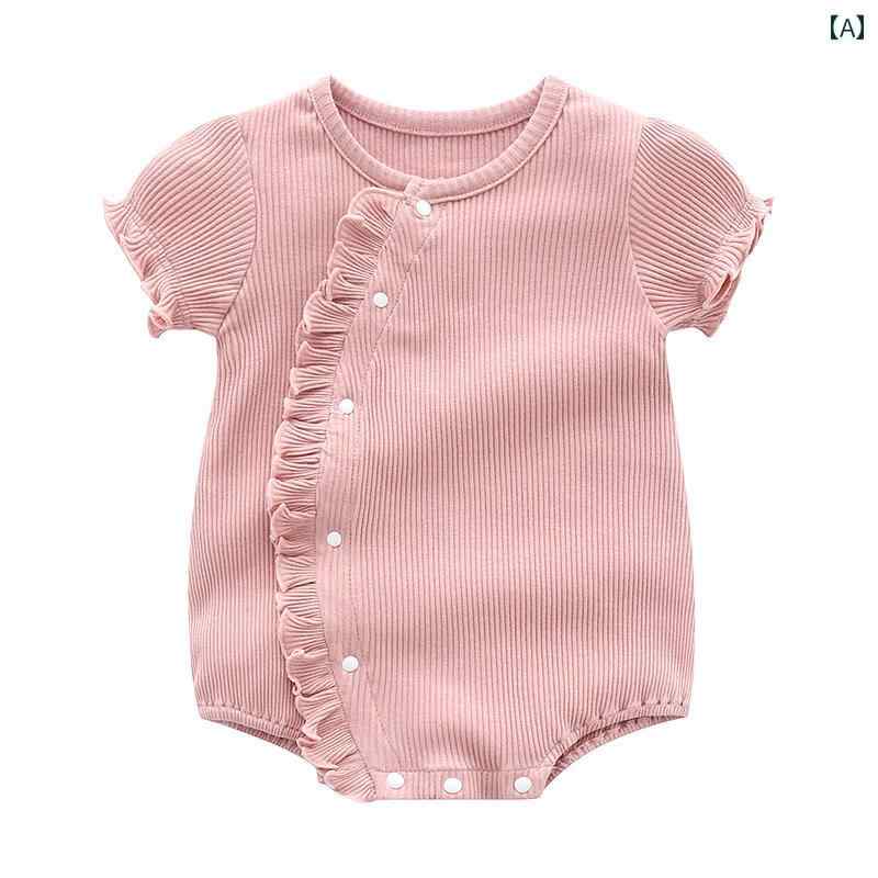 Short Sleeves - ドレス ロンパース ベビー 夏服 ジャンプ スーツ かわいい 赤ちゃん フルムーン サマー 薄手 綿 ローブ 新生児 女の子 斜め レース 半袖 100日 プリンセス