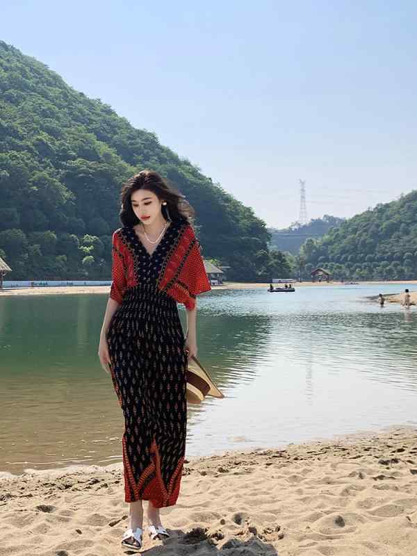 夏 ファッション 中国風 おしゃれ エスニック 旅行 ウェア レディース 夏 ボヘミアン 海辺 休暇 ビーチ ドレス ロング スカート