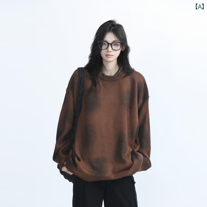 セーター オーバーサイズ おしゃれ 女の子 アメリカン レトロ ファッション ブラウン レディース シンプル クラシック ニット 秋冬