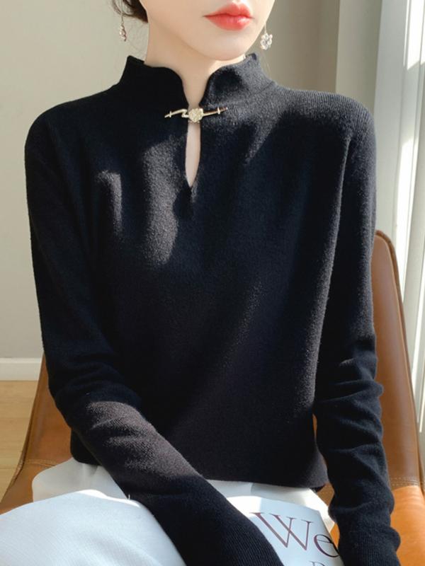 トップス シャツ レディース カジュアル セーター スタイリッシュ エスニック バックル ハーフ タート..