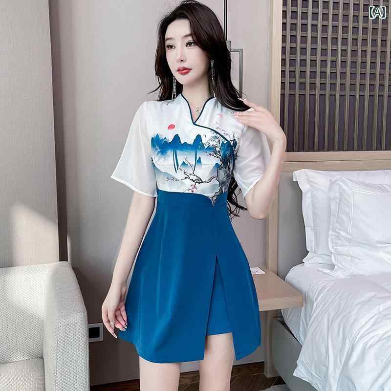 レディース 半袖 チャイナ風フレア ドレス セクシー かわいい 豪華感 きれいめ 韓国 イベント フェス パーティー サロン ステージ コスチューム キャバ 夜 デート アップ 映え