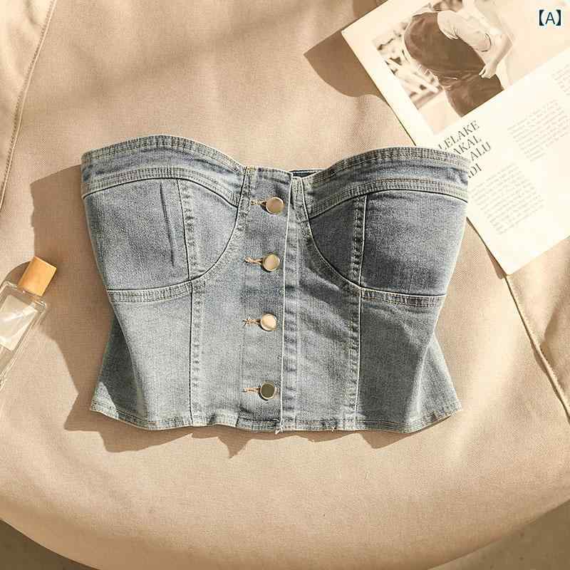 レトロ ガール チューブトップ デニム レディース カジュアル 魅惑 タイト ショート丈 トップス