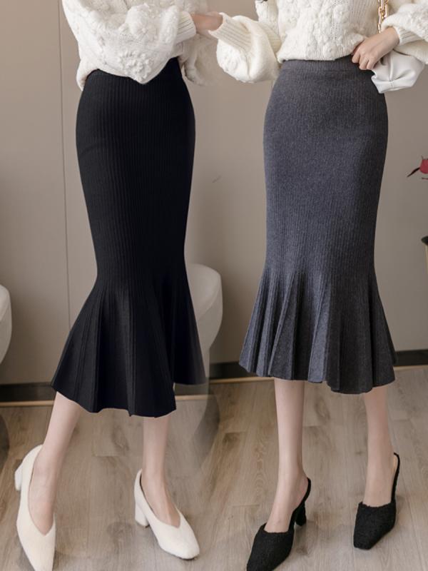 スカート レディース 秋 冬 ニット ウール ハイウエスト ピット ストライプ フィッシュ テール ヒップ ミドル丈 厚手