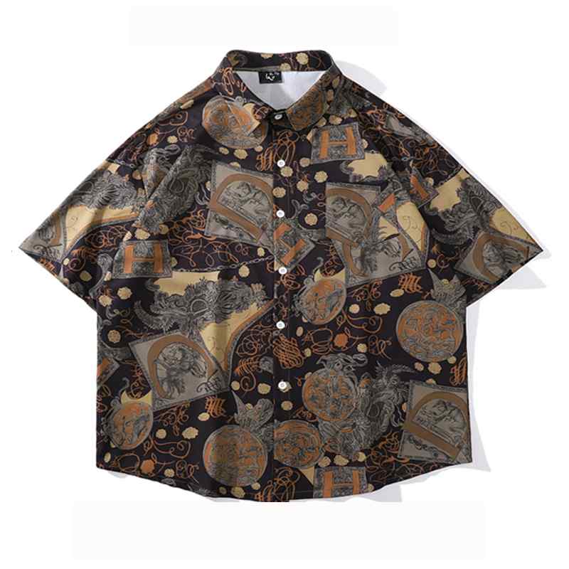 柄シャツ ハワイアン メンズ レトロ エスニック プリント 半袖 シャツ メンズ カジュアル 快適 シャツ 夏 ゆったり アンティーク風