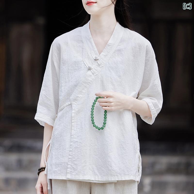 シャツ トップス レディース リネン スタンドカラー レースアップ 瞑想 茶道 スーツ 女性 春秋 ゆったり レトロカーディガン 中国 綿 リネンシャツ