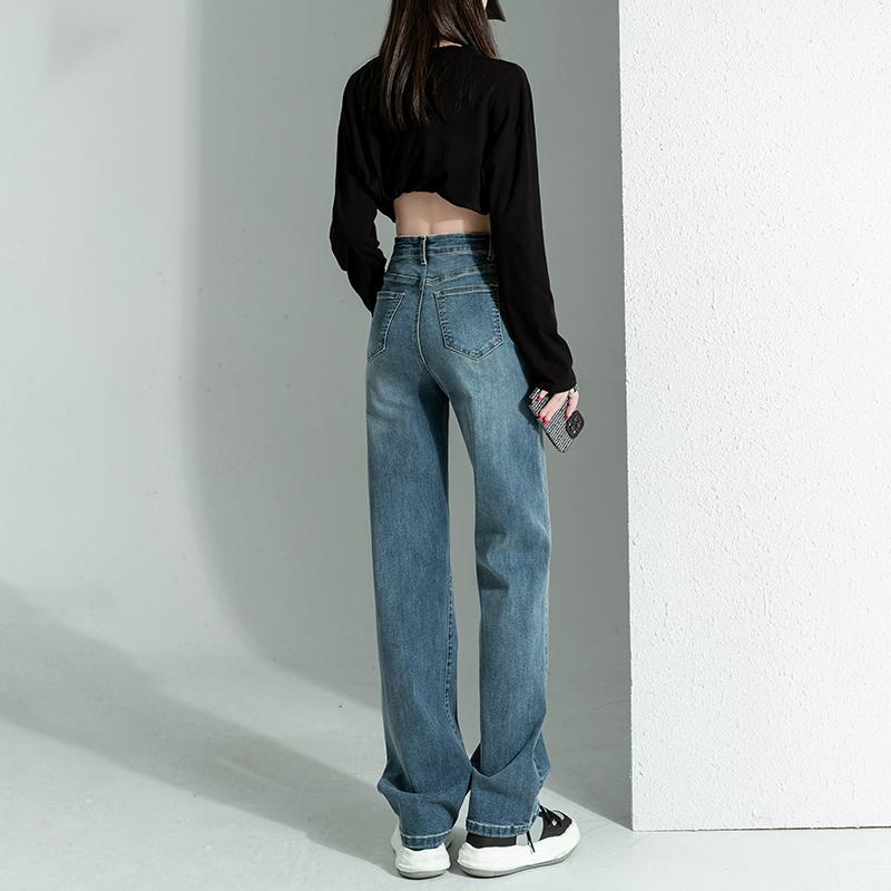 パンツ デニム レディース 秋 女性用 レトロ ブルー ストレート ジーンズ スリム ハイウエスト ナロー ワイド レッグ